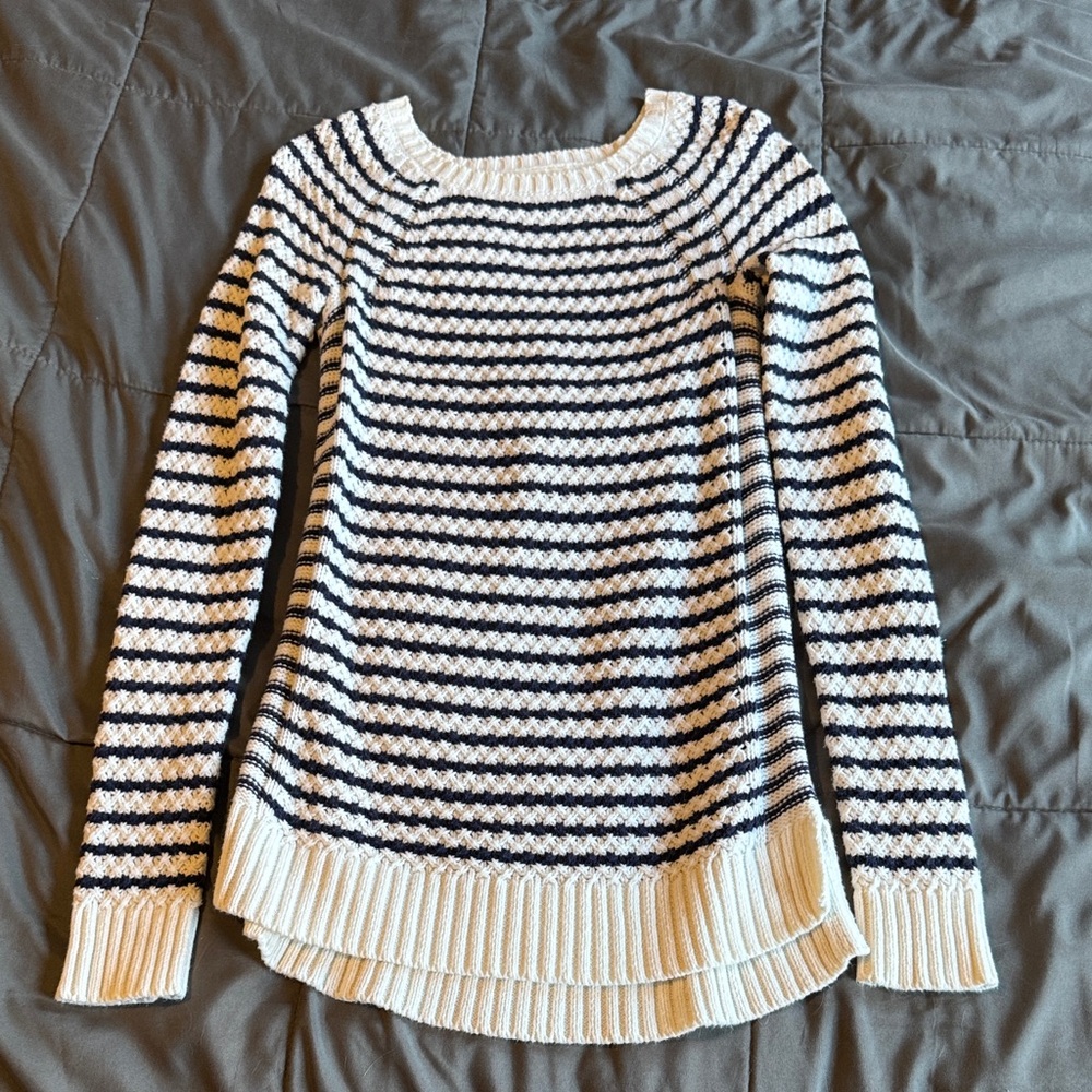 Navy and White Striped Women's Crew Neck Sweater